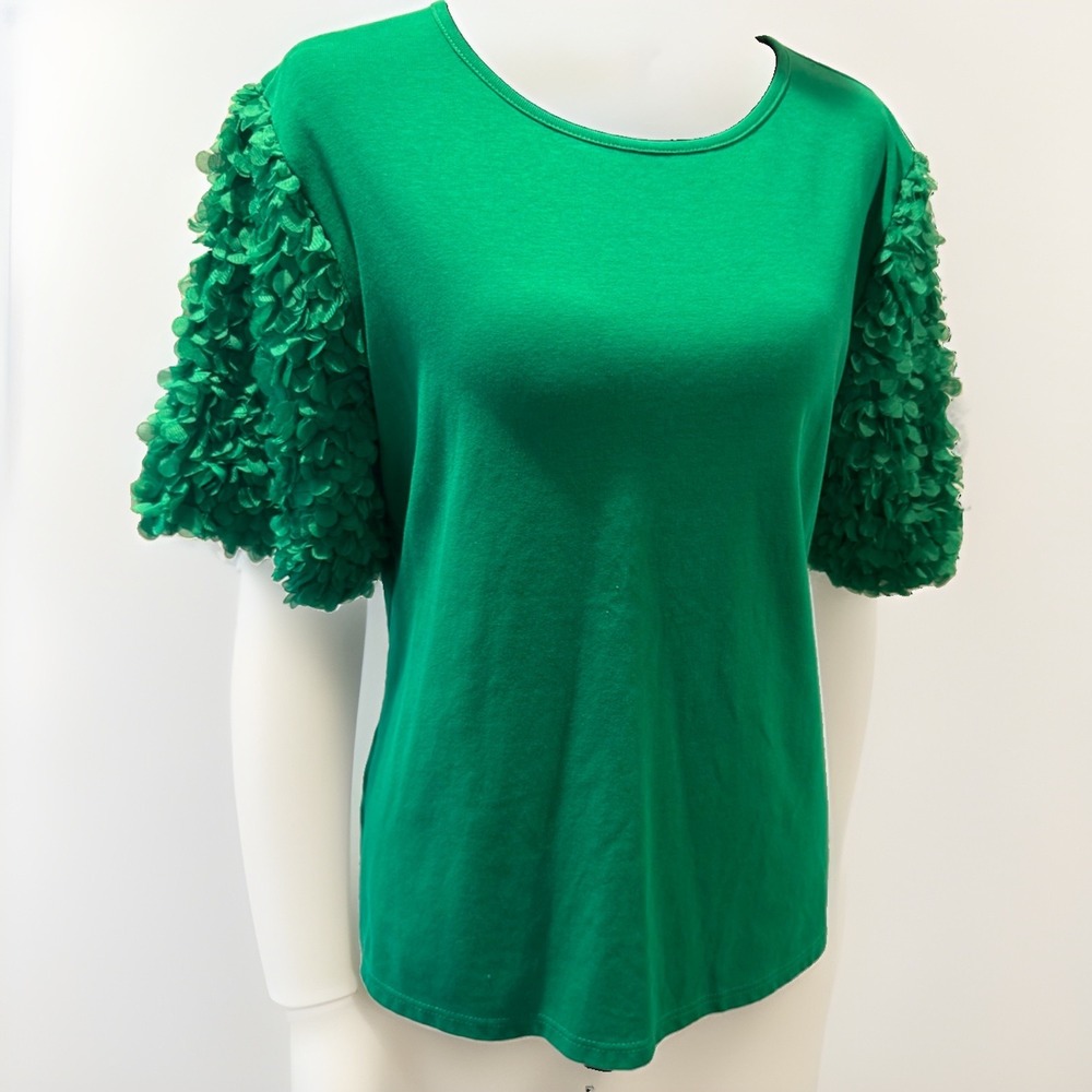 Unique Green Solid Knit Round Neck Ruffle Short Sleeve Pullover Top XL